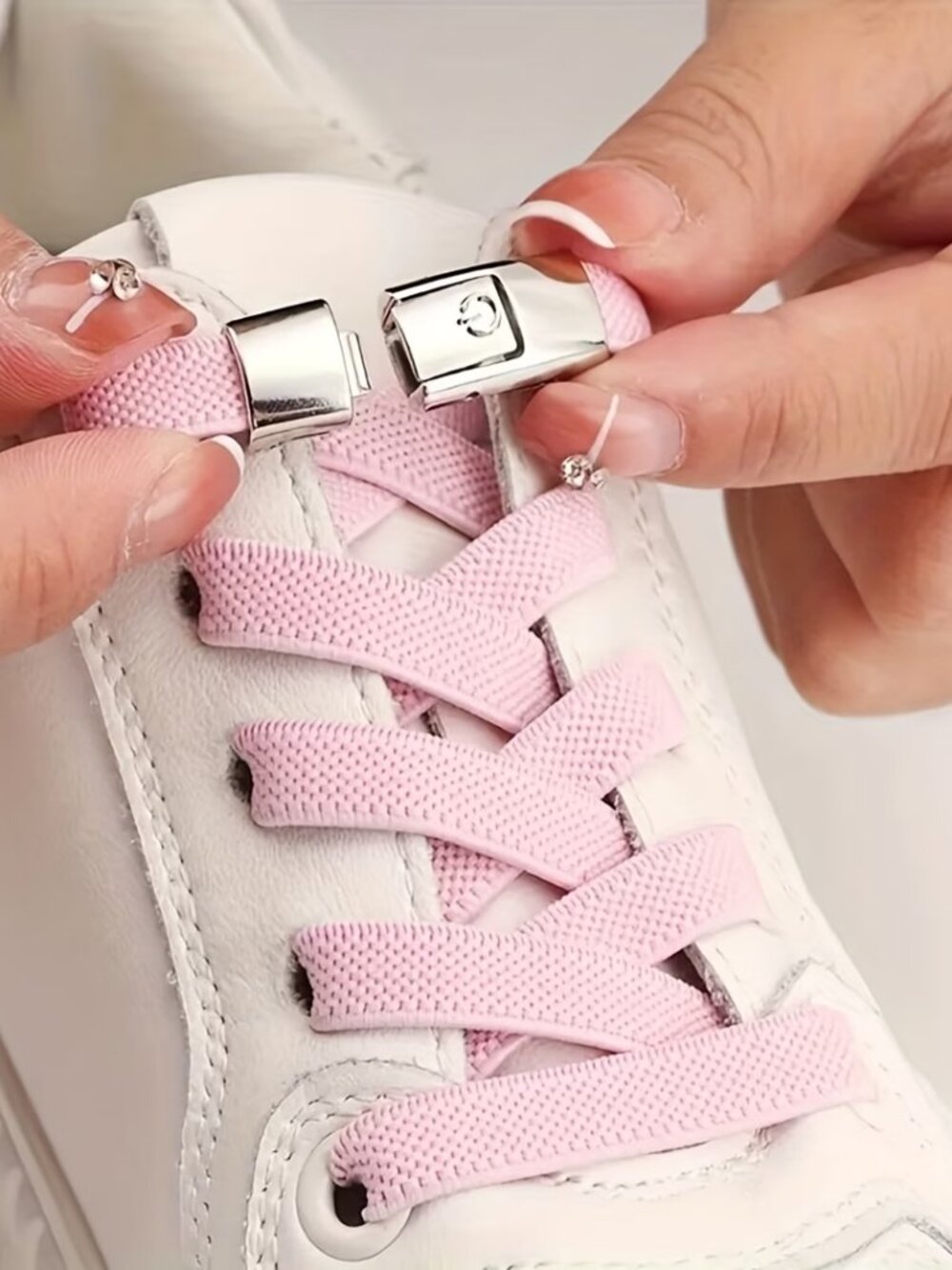 💲4⃣▶▶WHITE>>>Elastic Shoelaces with Silver Triangular Buckles - 1 Pair